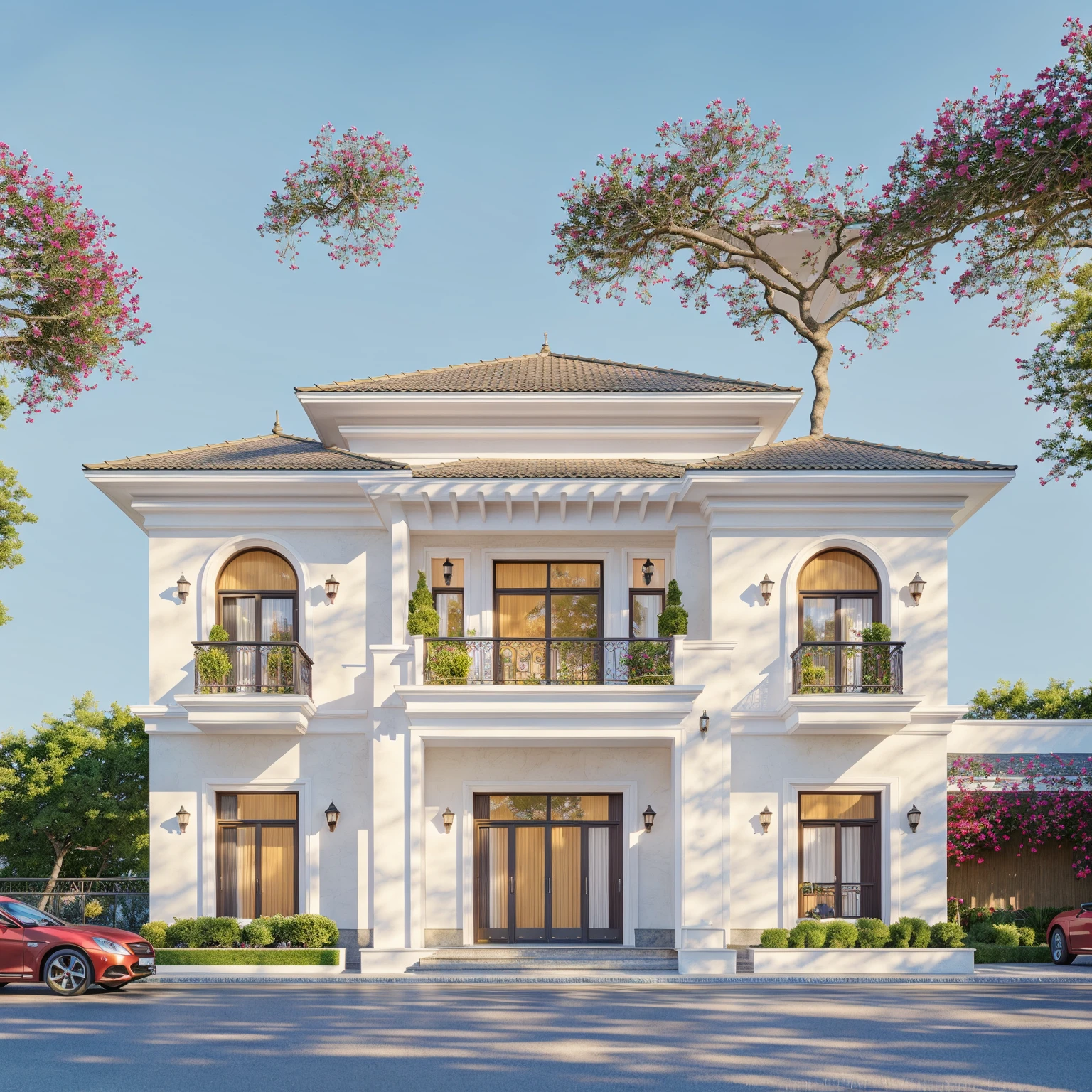 PLATEFORME KTHOUSE, Beaucoup de belles fleurs rouges le long de la route:1.3, Romantique, 1 maison de style néoclassique, La maison de ville est faite de murs blancs, Belle lumière, journée de beauté, ensoleillé, Beaucoup de bougainvilliers rouges le long de la route:1.3, belle sensation de jeunesse :1.2, soleil à midi, Très belles ombres, 