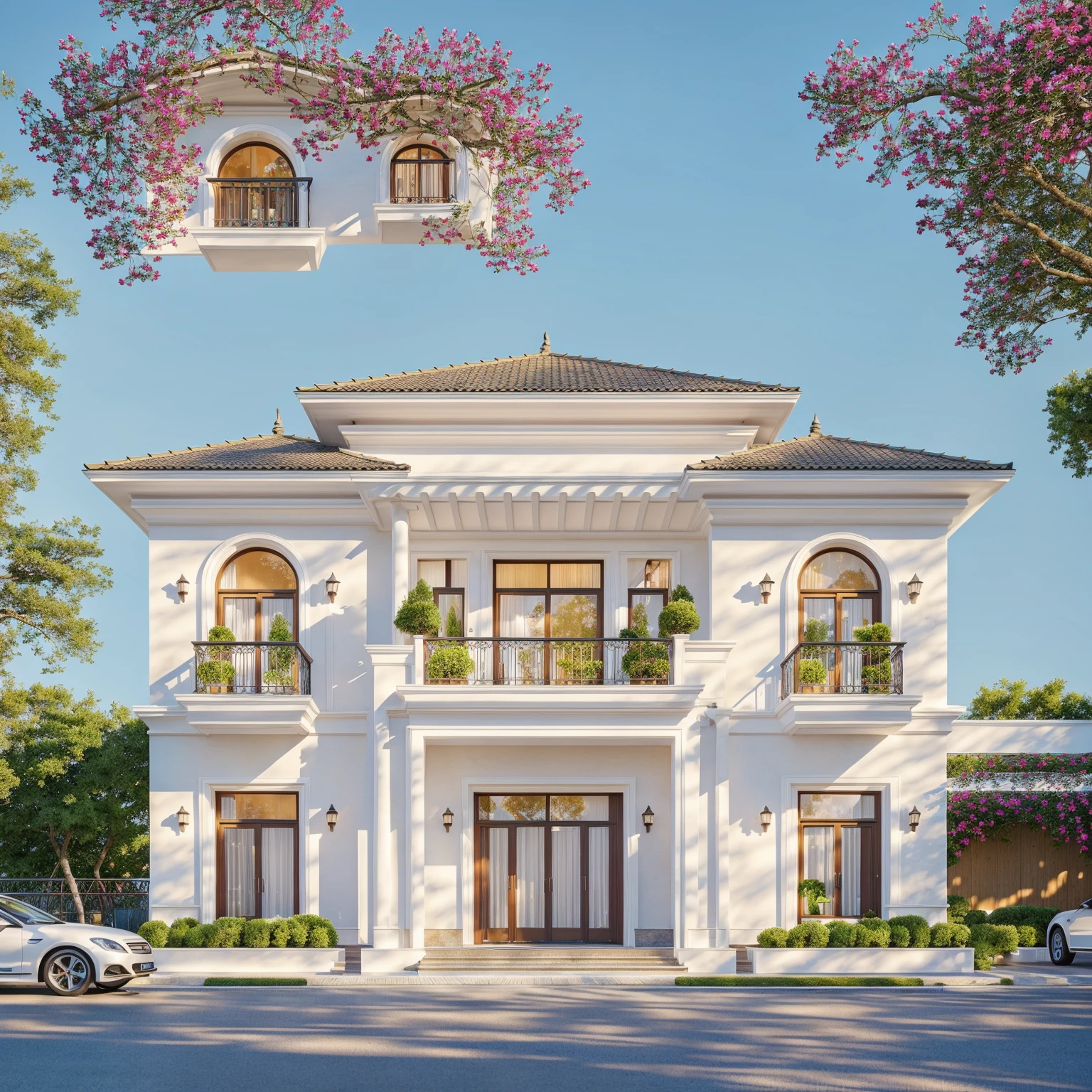 PLATEFORME KTHOUSE, Beaucoup de belles fleurs rouges le long de la route:1.3, Romantique, 1 maison de style néoclassique, La maison de ville est faite de murs blancs, Belle lumière, journée de beauté, ensoleillé, Beaucoup de bougainvilliers rouges le long de la route:1.3, belle sensation de jeunesse :1.2, soleil à midi, Très belles ombres, 