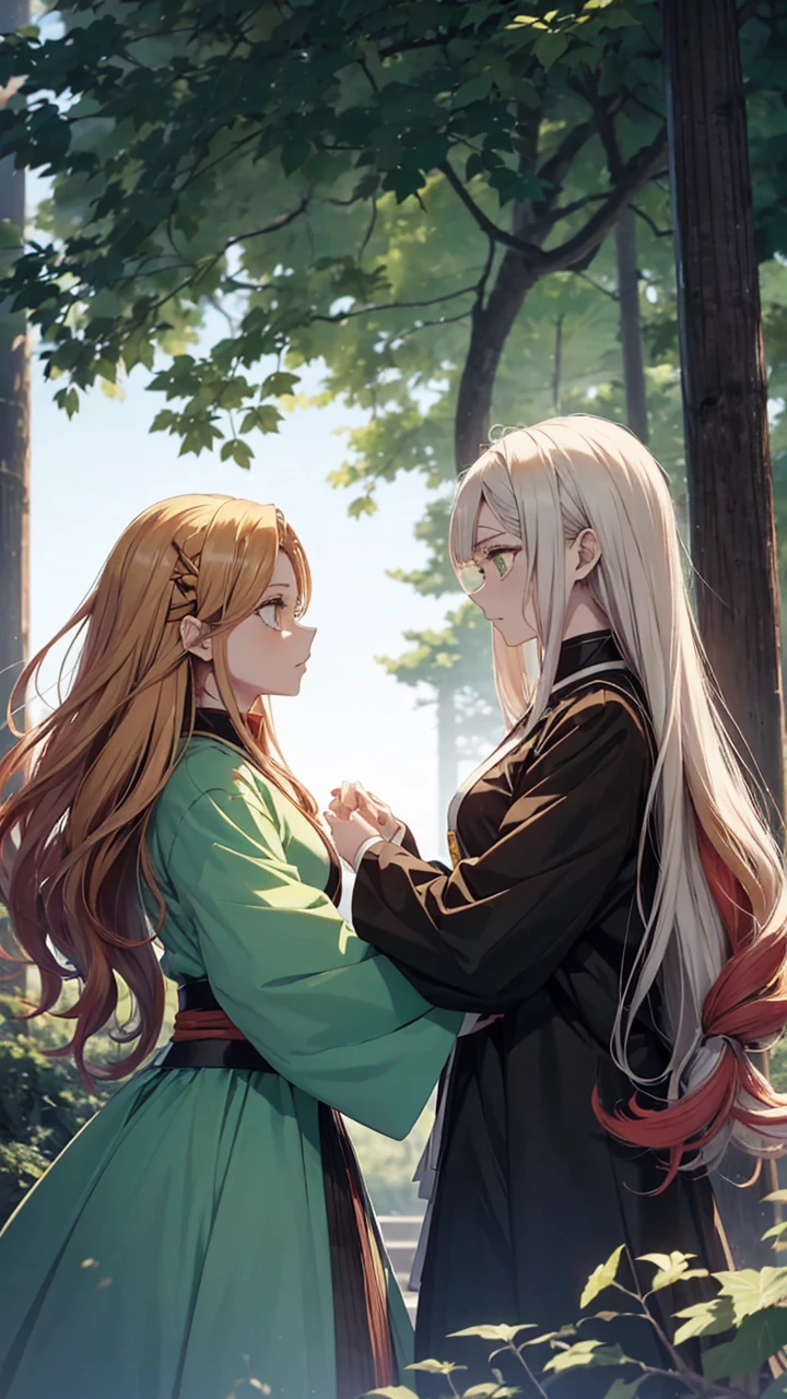 (Best quality:1.3), (a woman:1.1), (green eyes:1.2), (brown long straight hair:1.4) (manga style:1.5) En el estilo de Kimetsu no Yaiba, The girl with long white hair with red streaks and yellow eyes, beautiful and delicate features, in a fighting position next to her brother, the brother has long white hair with a single red streak, both in a fighting stance with katanas, wearing the clothes of combat in Kimetsu no Yaiba, the brother is taller than the sister