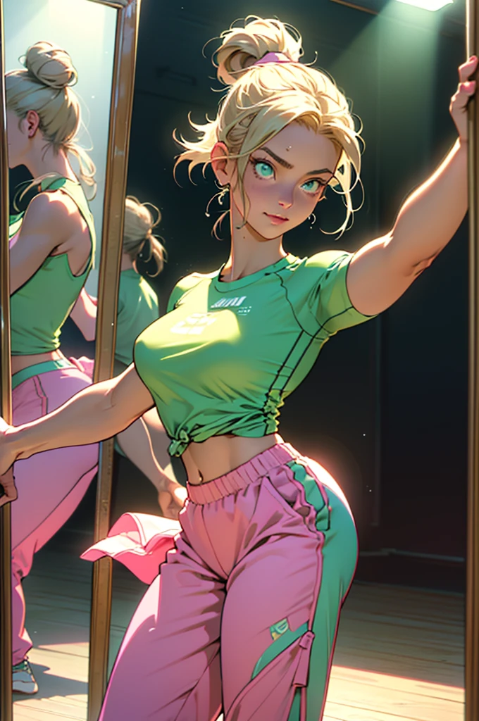 a small chested girl with muscular body,faint six pack,wide hips,thick thighs,blonde hair,green eyes,plain background,Gothic makeup,black hoodie,gym shorts,lip piercings,ear piercings,belly button piercing,nipple barbells,smiling,heavy blush,pigtails