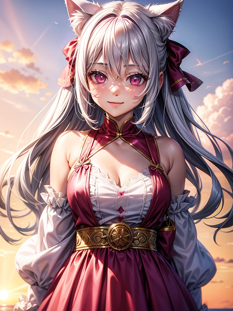 Silver hair, pink eyes, woman, sun and cloud background, pink red gold clothes, hair bows, happy face, mexican outfit, sexy, cat ears