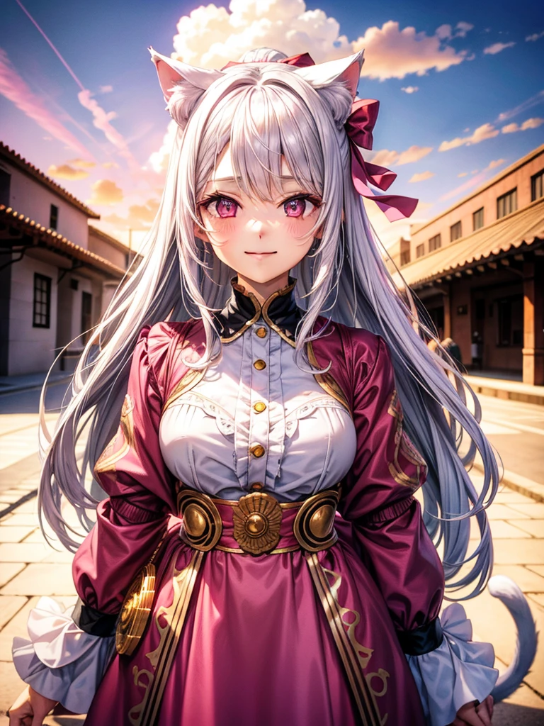 Silver hair, pink eyes, woman, sun and cloud background, pink red gold clothes, hair bows, happy face, mexican outfit, sexy, cat ears
