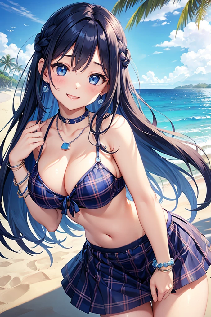 Highest quality、Highest quality、masterpiece、(8K),Beauty(Age 25)、Navy blue long hair(Braiding of the sides)、blue eyes、Sexy Bikini(Plaid)、Big cleavage、(Big Breasts)、smile、blue necklace、Blue Earrings、background(Beach)、Please open your mouth wide、bracelet、Chest puffing pose、Blue choker