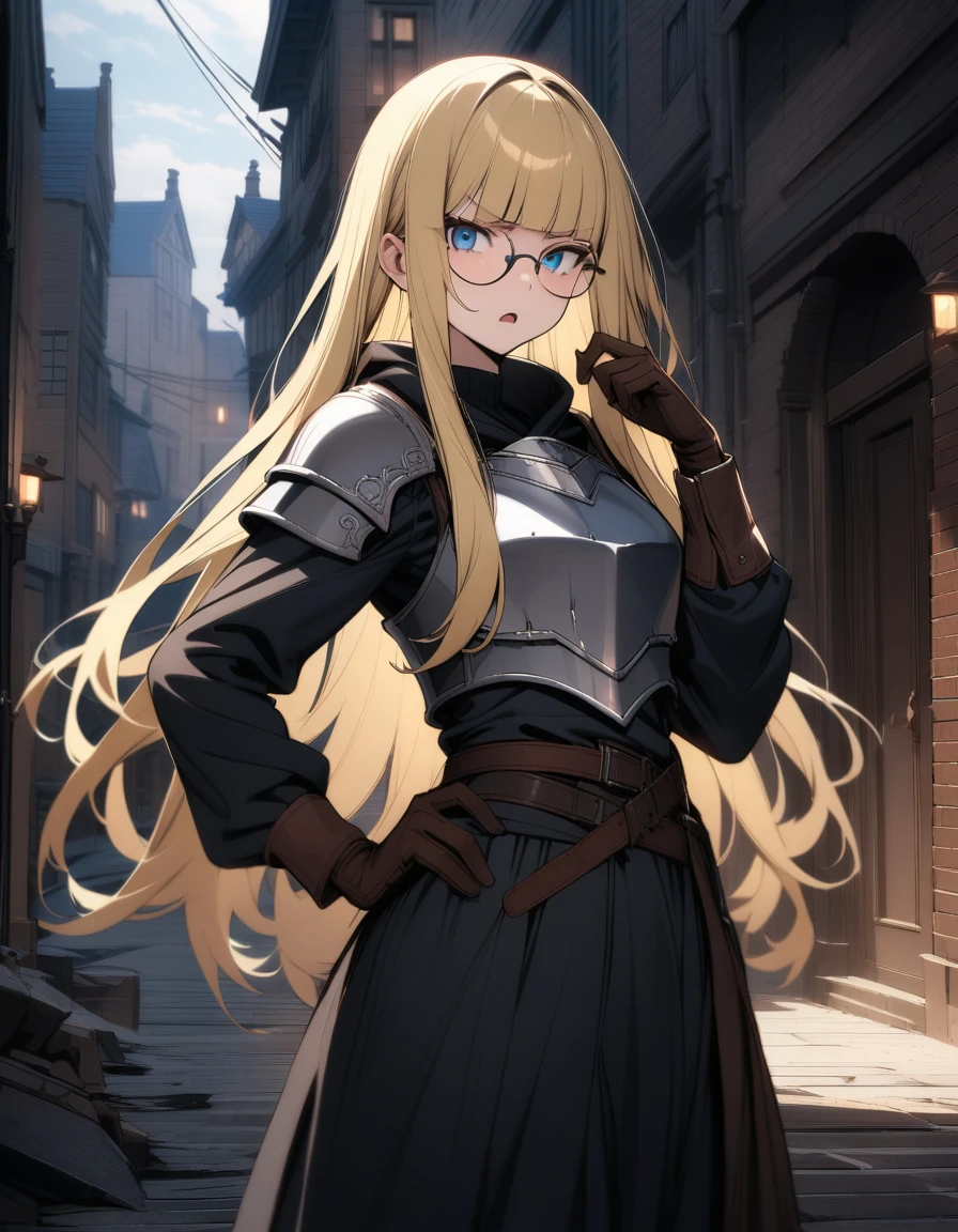 (masterpiece),(best quality),very aesthetic,(ultra-detailed),(illustration), 1girl,26yo,curvy,long hair,blonde hair,straight hair,disheveled hair,(blunt bangs),Eyes with the upper half dark blue and the lower half light blue,(squinting eyes:0.5),intelligence,thinking,annoyed,open mouth,Black steel breastplate,Black Steel Shoulderplate,gray cloak,Black long dress skirt,long sleeves,Brown leather gloves,(large round glasses),hand on hip,wearing a sword on waist,standing,cool,daytime,Lascivious atmosphere,fantastic atmosphere,Brick streetscape,battlefield,cowboy shot,fantasy,cloudy sky, depth of field,from side