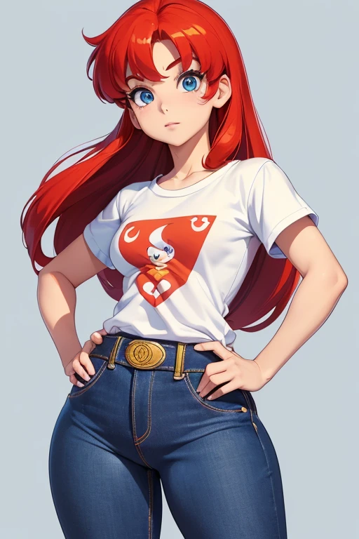 (ranma chan) (ranma saotome)(1solo)(1girl)((Solo)) ((Masterpiece)) ((High Quality)) ((Perfect Face)) ((Small ???????)) ((Wide ????)) ((Narrow Waist)) ((Beautiful)) ((Redhead)) ((Long Hair)) ((Light Skin)) ((Cute Nose)) ((BLue Eyes)) ((Young)) ((UFO Tee Shirt)) ((Jeans)) ((sci-fi Geek))