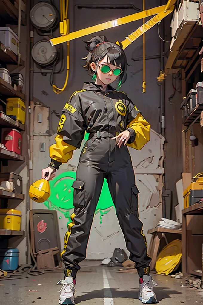 Black workwear jumpsuit、Costume with glowing yellow-green linesを着た女性, cyber punk, Hard Rock Metal, Mosh Pit, (Highest quality,4K,8K,High resolution,masterpiece:1.2),Live Stage、Costume with glowing yellow-green lines、Large sunglasses,Punkish hairstyle、Full body portrait、dynamic dancing
