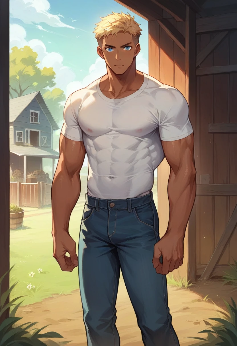 score_9, score_8_up, score_7_up, score_6_up, source_anime,  <lora:last-000002:1>, k3nt, mature man, blonde hair, shirtless, farm background,