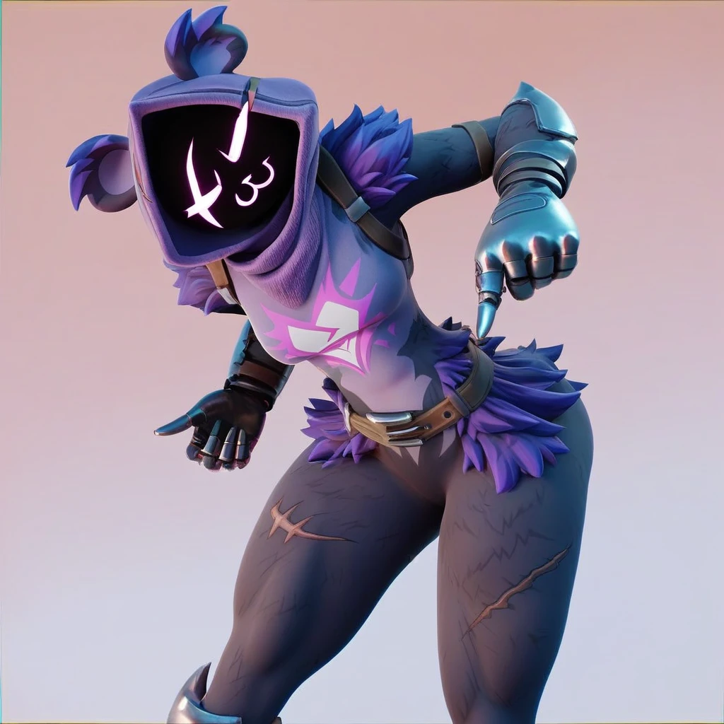 Raven team leader,purple hoodie, with no face, shadowed face, animal ears,purple skin, scar on eye, body skin, purple fur, waist belt, torso symbol, metal gloves, pointing your ass at the viewer, leaning forward, pushing, she closes her eyes, hands resting on top of a small wall, her with her eyes closed, hands are not in the air, expression of force, stomachache, stomach growling. day Of course