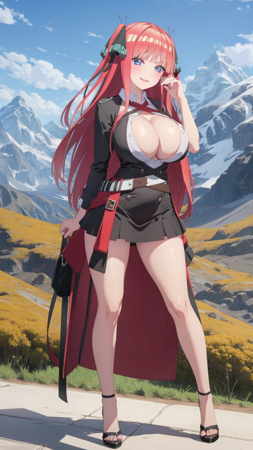 1 girl, very big breasts, very sexy body, 1 girl in, a smile, looks at the viewer, black shirt, super short white school miniskirt, full body, giant breasts, cleavage, giant breasts, heels, background in the mountains 1 girl , with big breasts. long legs QUEEN huge tits, (cleavage), high legs, (standing), sexy and muscular body. short skirt.4k hd