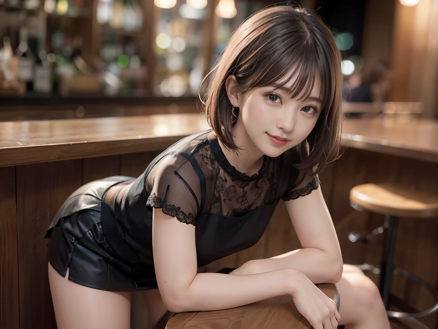 (Highest quality, masterpiece, Ultra-high resolution, 8K, RAW Photos, Realistic, Anatomically correct:1.5), 20-year-old girl:1.2, Embarrassing, avert your eyes, blush:1.0, ((bar)) 、Night view、 Light:1.2, Bokeh, Cinema Lighting:1.0, Depth of written boundary, sharp、 Cute face、Idol、Black short sleeve lace top、Black pleated skirt、Black clothing、”dwarf”、(Floral clothes)、Full Body Shot、Cowboy Shot、 smile、(Ultra short hair、Short ponytail)、(Straight bangs)、((See-through))、(( One Girl))、