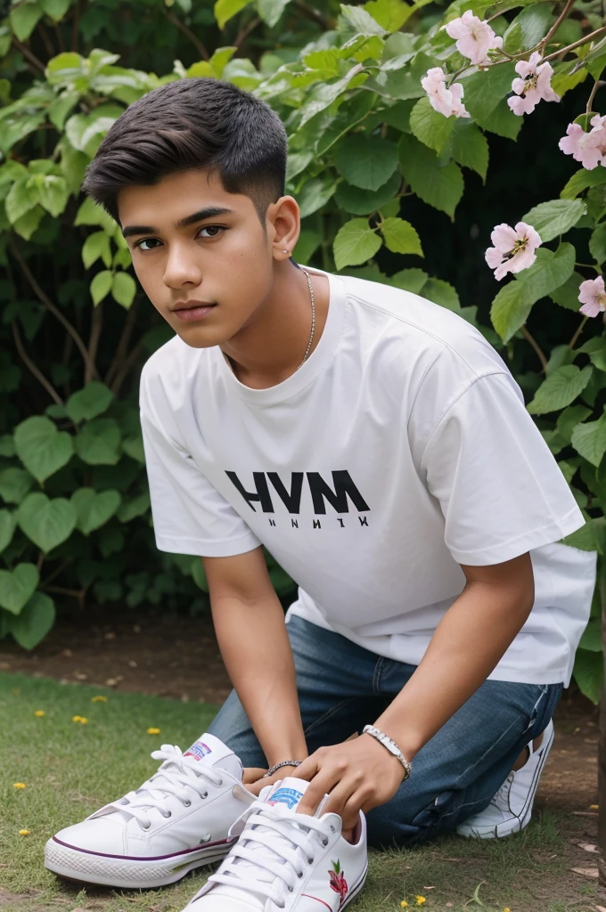 boy standing in a beautiful park, And plucking its flowers from the beautiful vine, some couple's sitting in back, beautiful multi colour flowers on vine. He is wearing white shirt with dark paint, with white shoes. with name "VIPIN" write on it. He is looking so handsome, cute, indian, smailng, wotch, stylish hear cut, head is little down, high quality 4k pictures, full Blaring background.