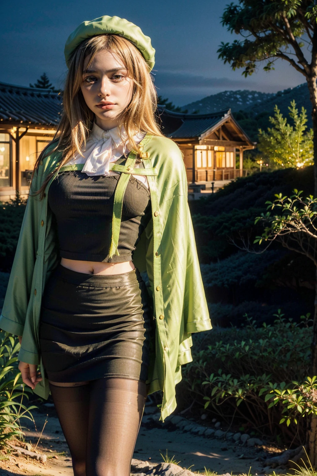 1 girl, best quality, ((Miyo)), tarankaaa, perfect face, beautiful smile, 30 years old, ((ascot,uniform, black skirt, cross, ribbon, gold blonde hair, emerald, beret, cape, pantyhose)), ((perfectly drawn hands)), perfect body, bare tree, bush, fog, forest, grass, nature, outdoors, plant, scenery, solo, standing, tree, 32k photograph, ((perfect eyes, detailed eyes,realistic eyes)), ((sharp face, detailed face, realistic face, natural skin, realistic skin, detailed skin, pores)), full body, tone mapping, asian-european, ((masterpiece)), ((highres)), ((detailed background)), japanese village background, night, big proportions,