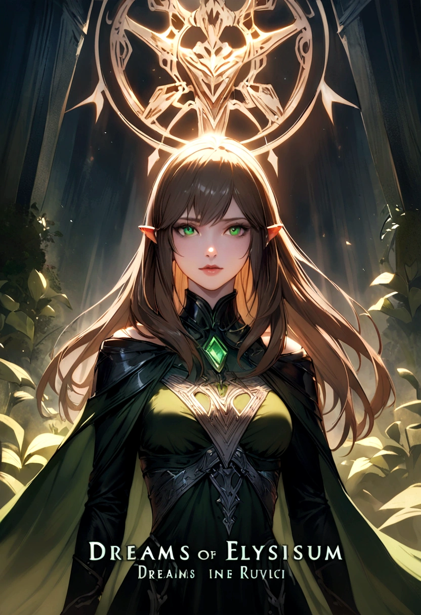 Dreams of Elysium title, dark fantasy, elven woman with long brown hair, dressed in black, green eyes, "dreams of elysium" written in runic font