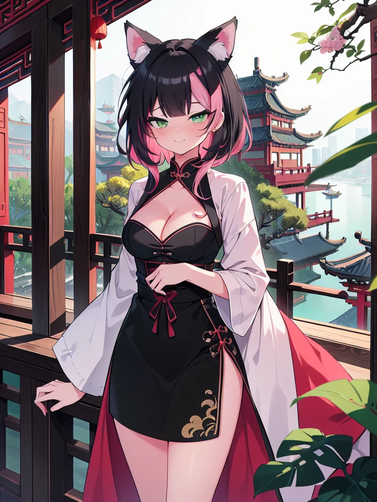 (cowboy shot), (colorful:1.1), (ultra-high resolution, depth of field:1.2), (Tingyun:1.1), solo, fox ears, puffy fox tail, (black hair), inner pink hair, bangs, green eyes, (red underliner), medium breasts, (long dress), (long black dress with a waist cincher), crossed collar shirt, cleavage, bare legs, smile, squinting, Chinese garden scenery