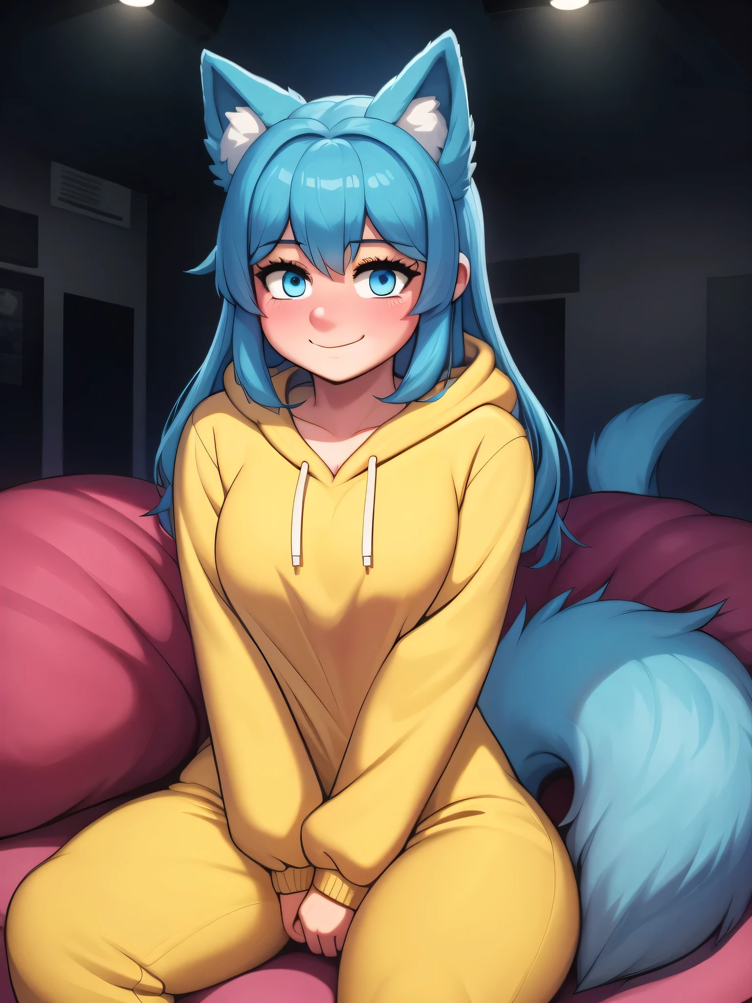 (Masterpiece) (High Detail) (High Res) A close up of a short humanoid girl with pale human skin and blue eyes and long blue hair and blue dog ears and a fluffy blue dog tail and average breasts. She is sat on a big beanbag chair in a dark cinema room with blankets all around her. She is wearing only a fluffy furry yellow onesie. She has her hands behind her back out of shot. She has blushing cheeks and looks cheerful.