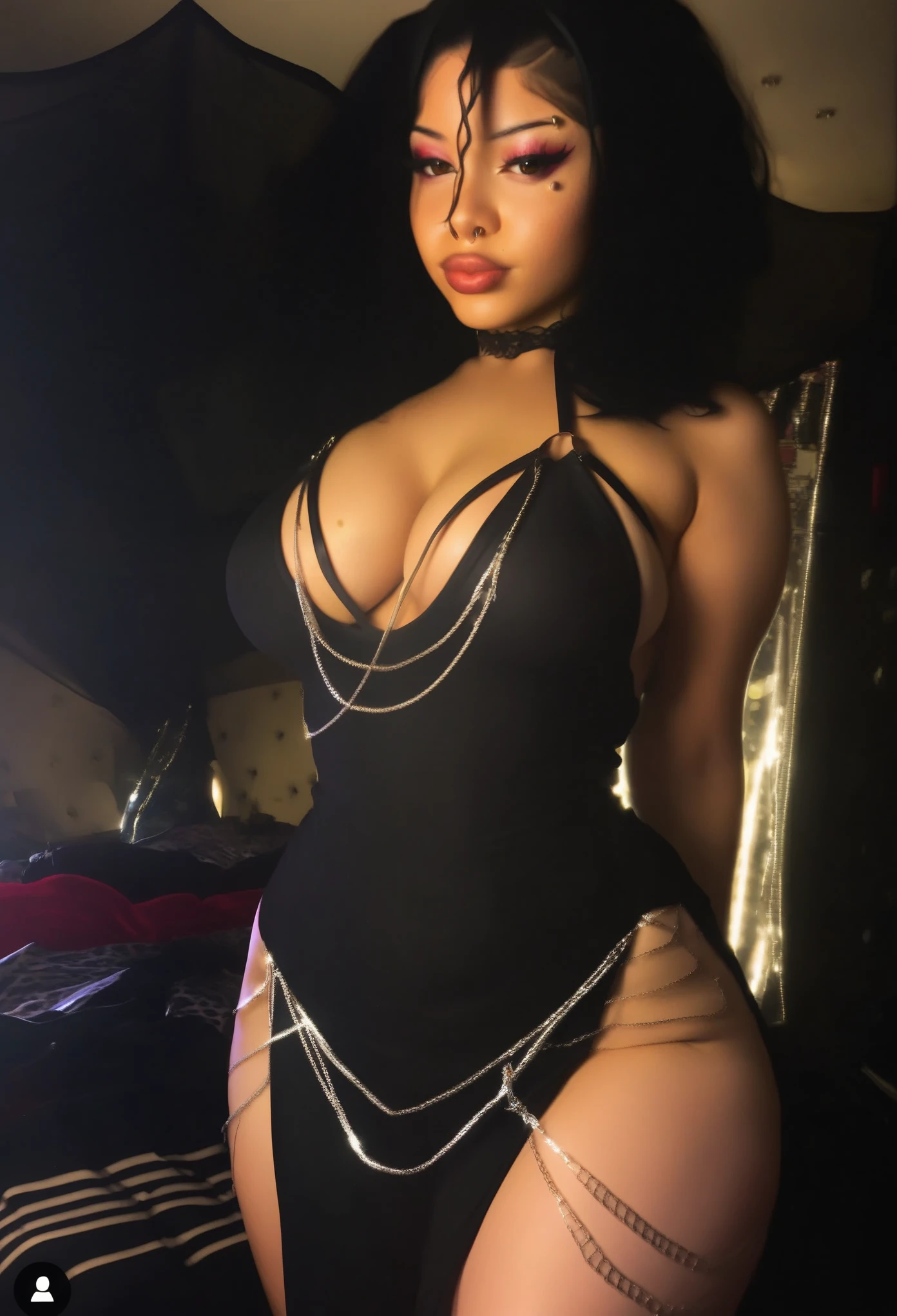 Ohthasmatt, Inluvwitmatt, baddie, realistic, sexy, 1GIRL, BREASTS, solo, BLACK HAIR, LARGE BREASTS, LIPS, mole, realistic skin texture, large breasts, makeup, thick thighs, piercing, modakawa_dress, detailed eyes, black dress, jewelry,chain,side slit