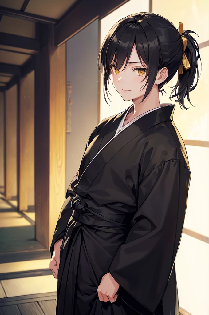 (masterpiece; best quality: 1.2), (finely detailed eyes: 1.3), ((ung man)), ((solo)), (yellow eyes: 1.4), (masculine; lean, toned: 1.3), (short black hair in low ponytail: 1.3), (beautiful and clear background: 1.2), ((depth of field)), (clothes: all-black ronin hakama + all-black ronin kimono: 1.3), (anime illustration: 1.2), (background; old japanese mansion exterior+ night: 1.1), (extremely fine and handsome: 1.1), (shot composition; standing + close-up: 1.5), (expression; calm, smile: 1.2)