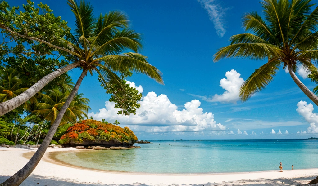 summer, Clear beach, Tropical Paradise, Fall, Vibrant flora, islands, Big Cloud, Palm tree, Blue sky, warm weather