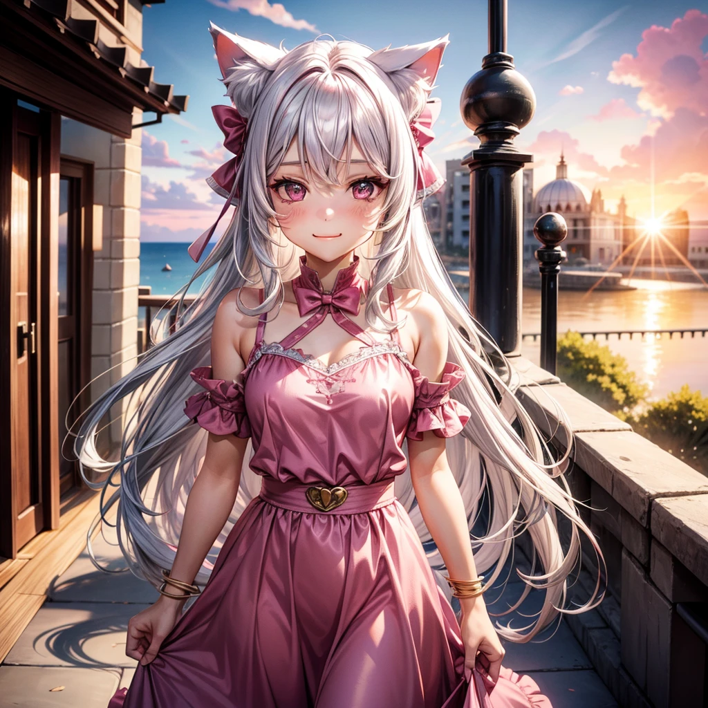 Silver hair, pink eyes, woman, sun and cloud background, pink red gold clothes, hair bows, happy face, mexican outfit, sexy, cat ears