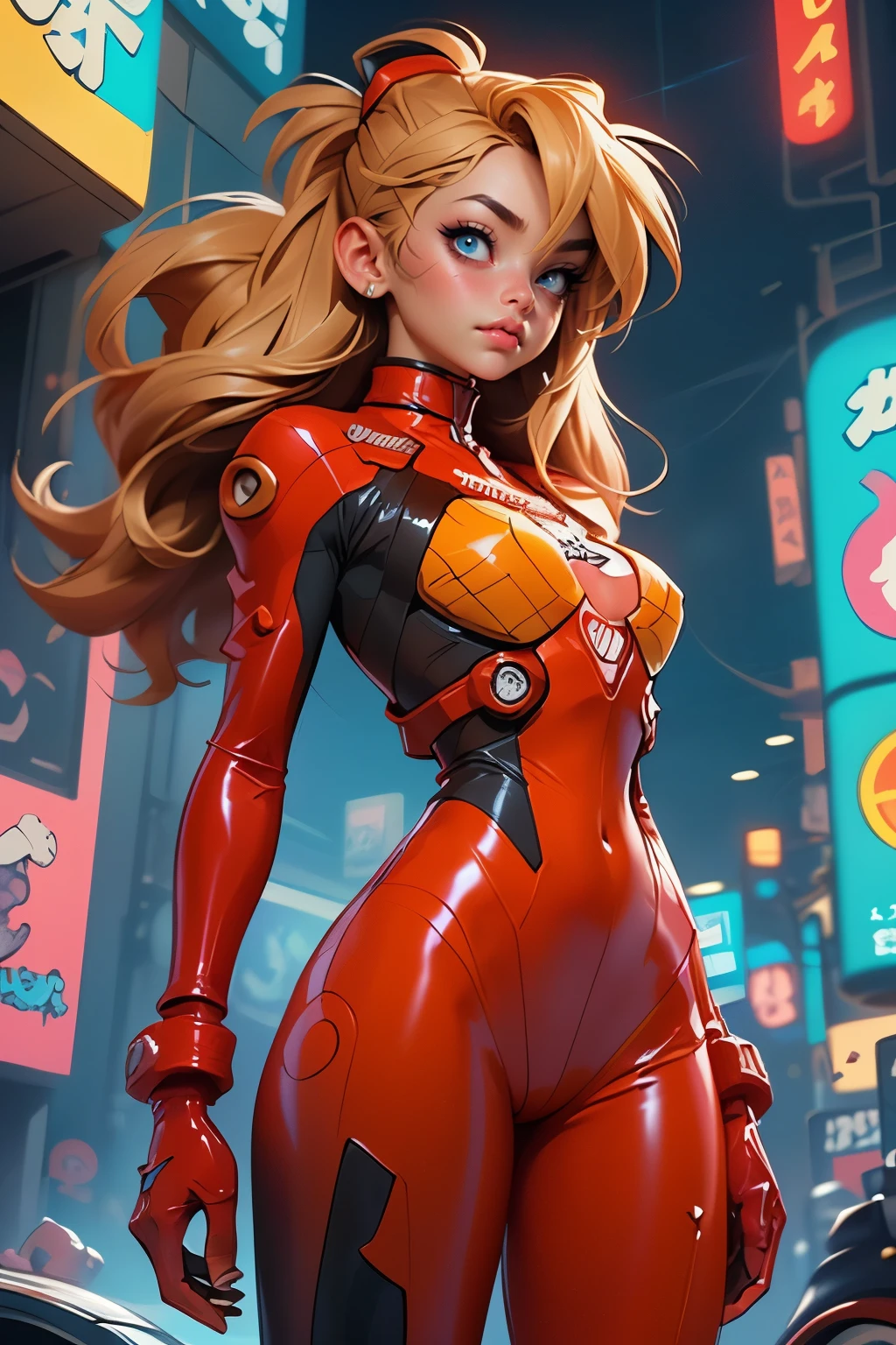 rear view, backside view,((The best quality, better resolution, Award-winning portrait, Official Art)), ((perfect masterpiece)), ((realist)) and ultra detailed photography of a nerdy cyberpunk souryuu asuka langley girl with gothic and post apocalyptic colors.. She has ((long blonde hair)), Carry a (Harajuku inspired cyberpunk tech top) and a (Harajuku inspired cyberpunk tech clothing bottom:1.2) , ((the most beautiful and sexy aesthetic)), sexy, Super huge tits hugely giant, Cleavage showing, hot,(souryuu asuka langley latex bodysuit:1.4),Detailed eyes, detailed hands,