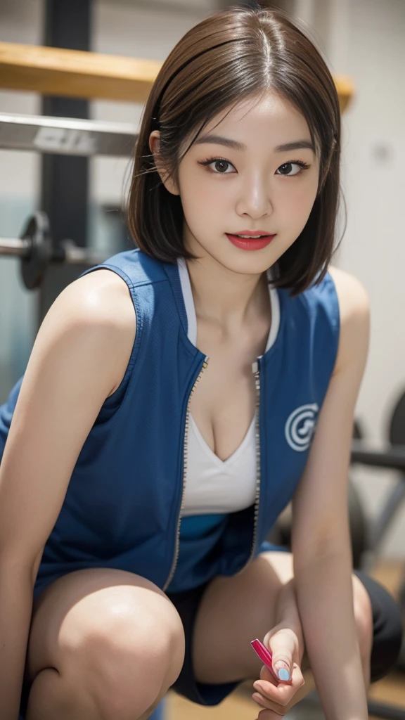 Highly detailed CG unity 8k wallpaper, of the highest quality, Super detailed, masutepiece, Realistic, photographrealistic, extremely detailed cute girl, 25yo, cleavage , (perspired) , Round eyes, peeping at the viewer, Blush, Smile, parted lip, Semi-body shot , Realistic、track suit、Realistic reproduction with vests , Panties , Squat, sports gym, short hair