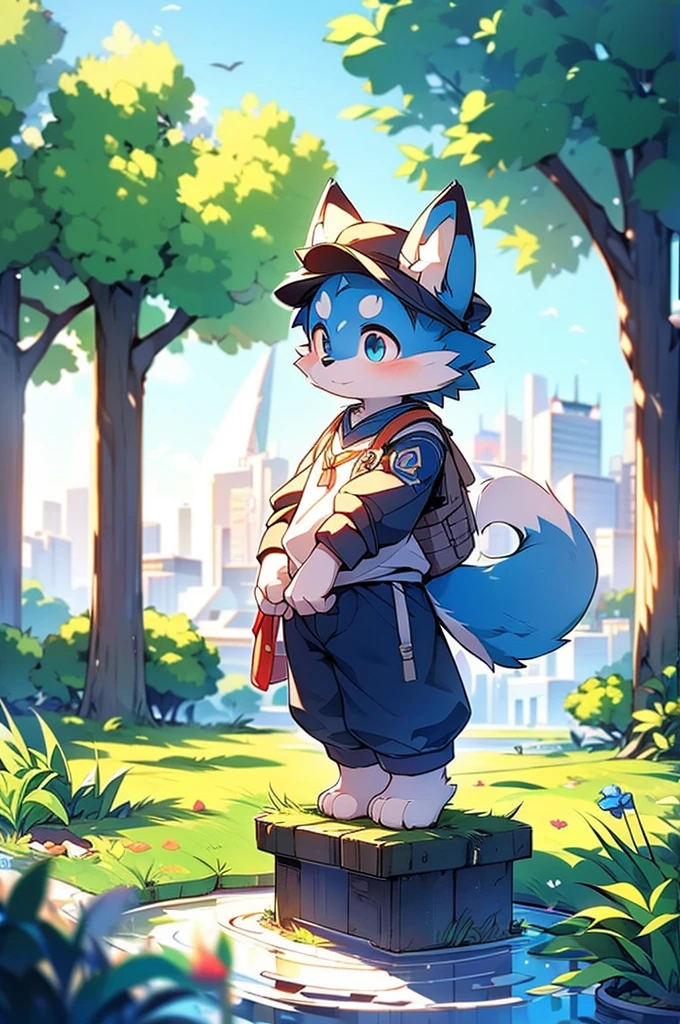 Blue fur, Canine, fox motif, boy, uniform,expensive,One person,Stand up on your own feet,expensive,Cityscape,expensive,,Rural Scenery,Rice field scenery,