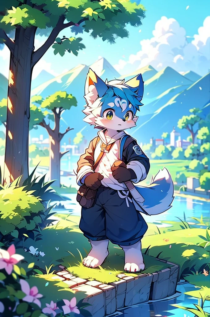 Blue fur, Canine, fox motif, boy, uniform,expensive,One person,Stand up on your own feet,expensive,Cityscape,expensive,,Rural Scenery,Rice field scenery,