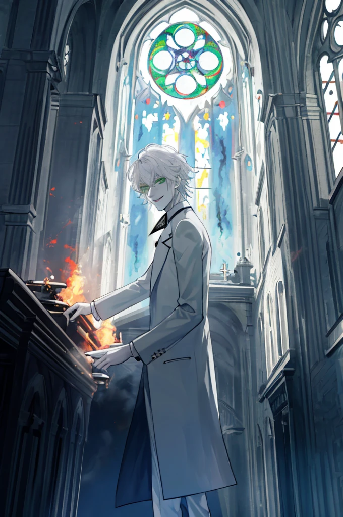city Background,Solo Male, White hair, Green Eyes White Suit, White pants, pale skin, Evil smile, slim,From Side,church background,(the church is burning in a fire),