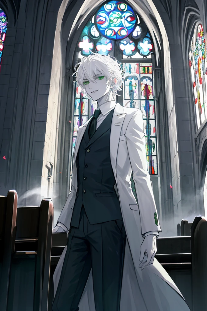 city Background,Solo Male, White hair, Green Eyes White Suit, White pants, pale skin, Evil smile, slim,From Side,church background,(the church is burning in a fire),