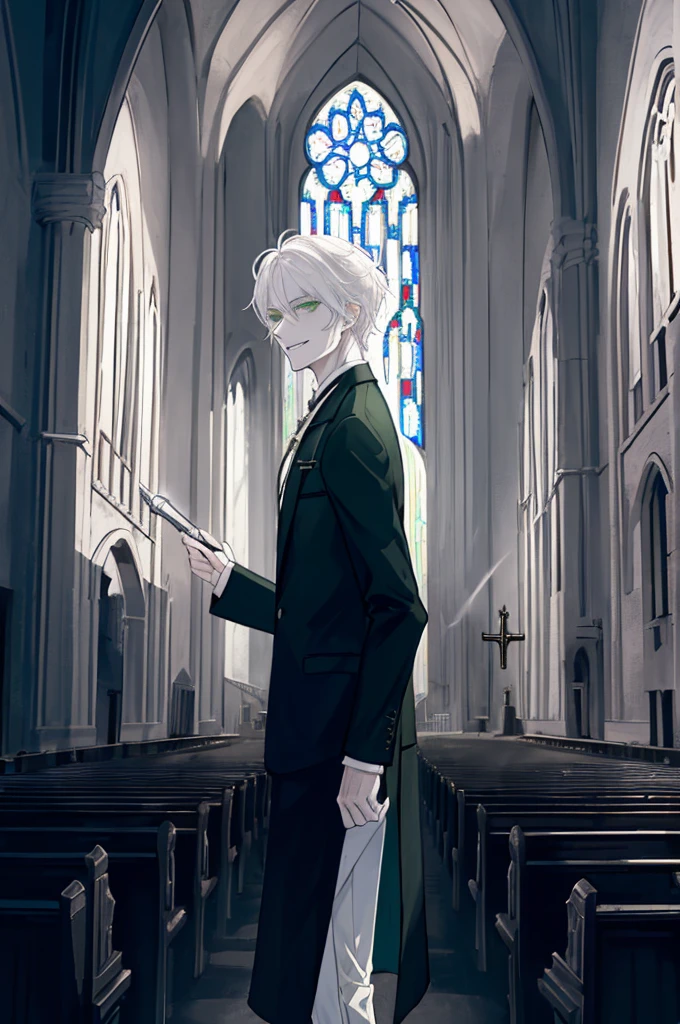 city Background,Solo Male, White hair, Green Eyes White Suit, White pants, pale skin, Evil smile, slim,From Side,church background,(the church is burning in a fire),