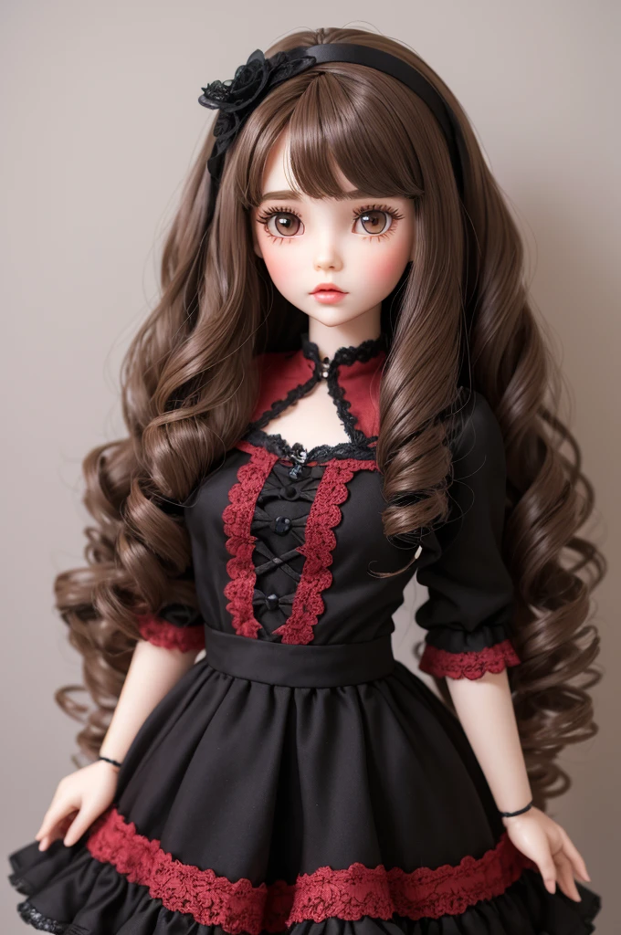blythe doll pale skin dark brown eyes and big waves, dark brown with light golden highlights, mid length and short curtain bangs hair