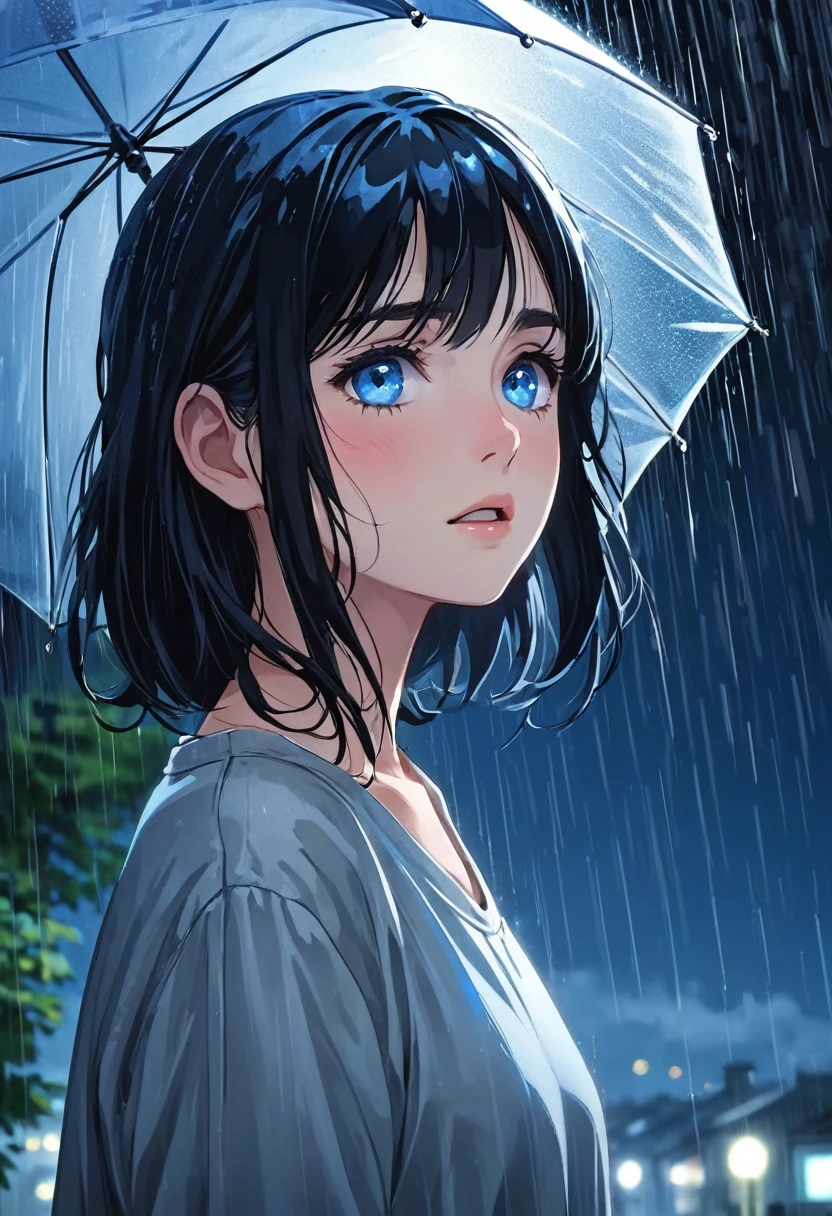 Girl, black hair, blue eyes, wearing a simple , under the rain, the girl turns her face to the sky sadly, under the night rain