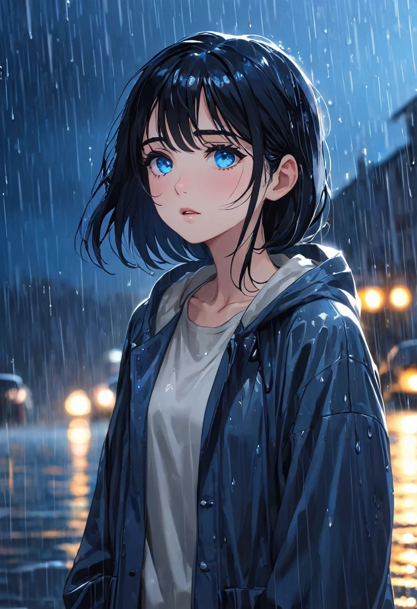 Girl, black hair, blue eyes, wearing a simple , under the rain, the girl turns her face to the sky sadly, under the night rain
