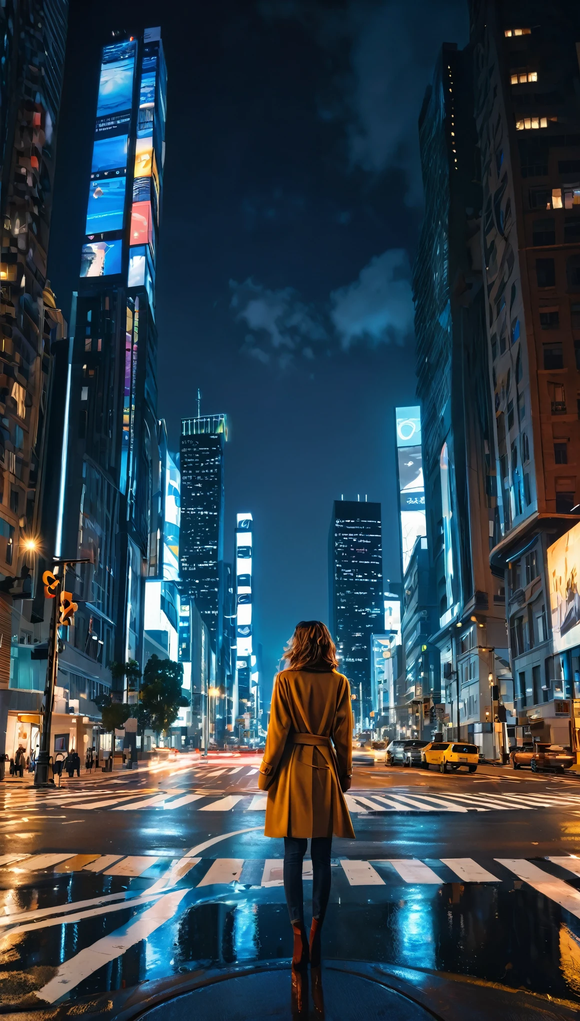 masterpiece,Highest quality,8K,Night cityscape,In the city,One Woman,intersection,