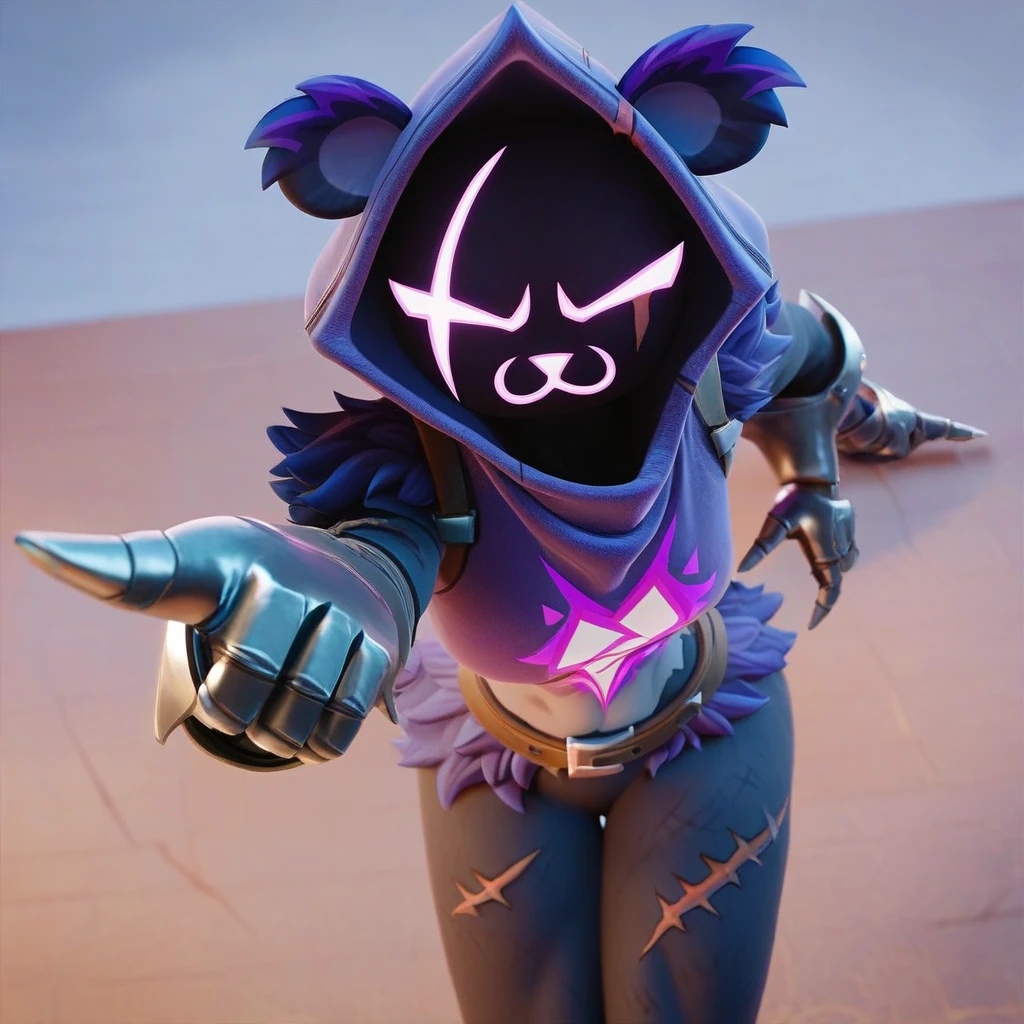 Raven team leader,purple hoodie, with no face, shadowed face, animal ears,purple skin, scar on eye, body skin, purple fur, waist belt, torso symbol, metal gloves, pointing your ass at the viewer, leaning forward, pushing, she closes her eyes, hands resting on top of a small wall, her with her eyes closed, hands are not in the air, expression of force, stomachache, stomach growling. day Of course