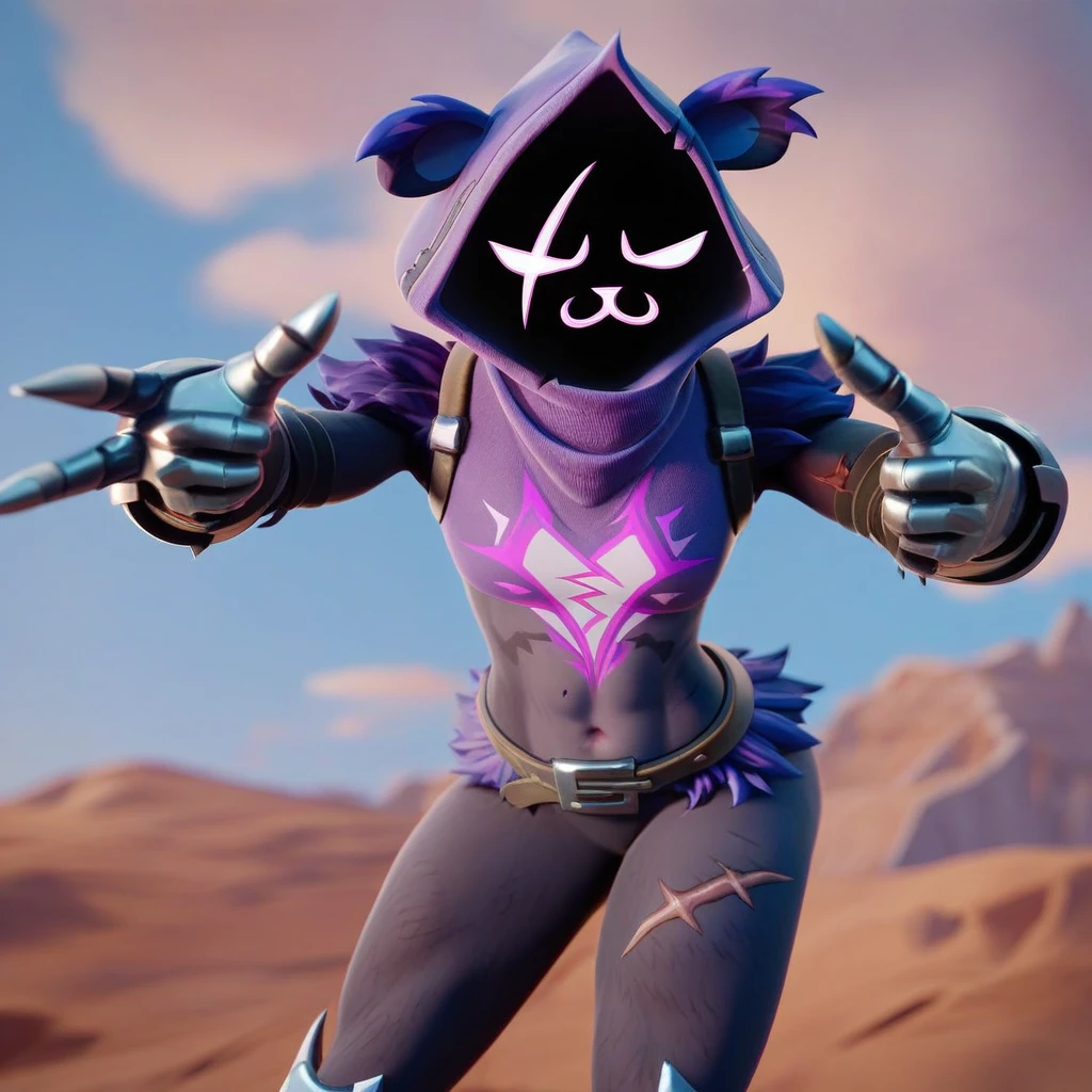 Raven team leader,purple hoodie, with no face, shadowed face, animal ears,purple skin, scar on eye, body skin, purple fur, waist belt, torso symbol, metal gloves, pointing your ass at the viewer, leaning forward, pushing, she closes her eyes, hands resting on top of a small wall, her with her eyes closed, hands are not in the air, expression of force, stomachache, stomach growling. day Of course