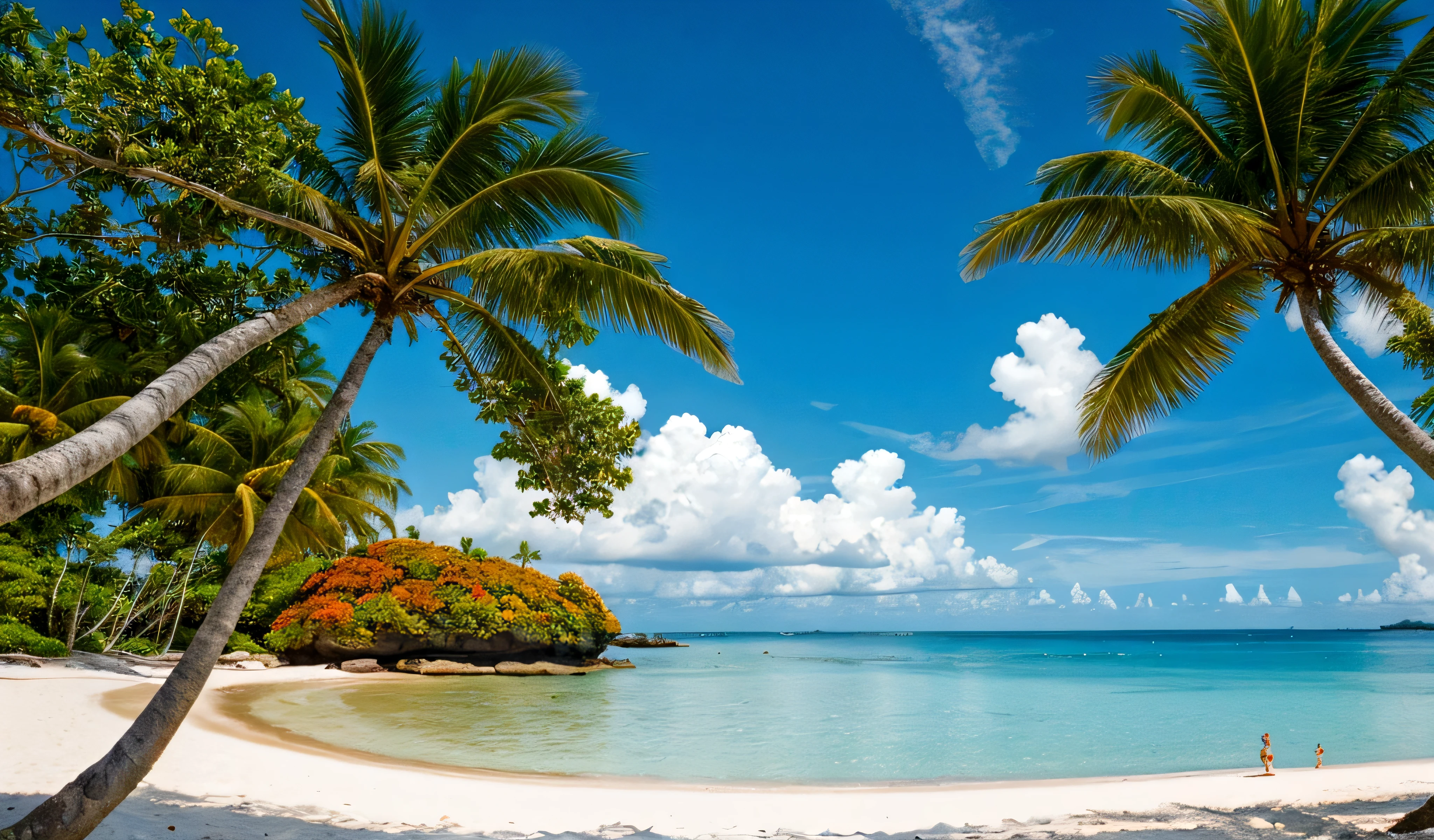 summer, Clear beach, Tropical Paradise, Fall, Vibrant flora, islands, Big Cloud, Palm tree, Blue sky, warm weather