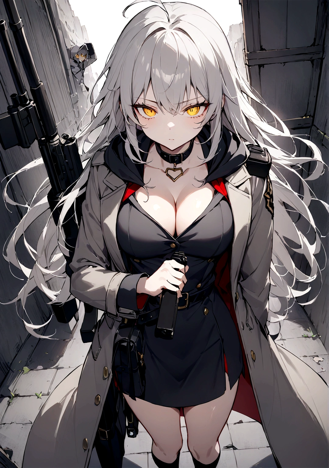 Gun on shoulder、(masterpiece, best quality:1.2), 1girl, 独奏,Black military uniform、Looking through the scope、Point your gun at us、Grey long hair、Ahoge、Yellow Eyes、Grey trench coat、The hoodie I took off was my carry-on baggage.、Ready your gun?、sniper rifle、Background of military bases、Fisheye Lens、battlefield、Shadows of light and darkness、Expressionless、Grim face、battle、Grey trench coat、Black knee socks、Cleavage、collar ornament、Holding a black hoodie