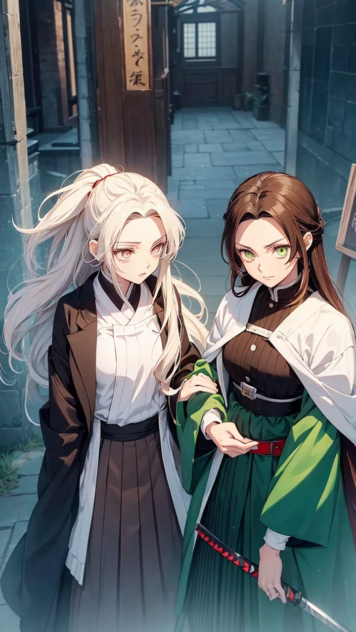 (Best quality:1.3), (a woman:1.1), (green eyes:1.2), (brown long straight hair:1.4) (manga style:1.5) En el estilo de Kimetsu no Yaiba, The girl with long white hair with red streaks and yellow eyes, beautiful and delicate features, in a fighting position next to her brother, the brother has long white hair with a single red streak, both in a fighting stance with katanas, wearing the clothes of combat in Kimetsu no Yaiba, the brother is taller than the sister, a girl and a boy, brother and sister