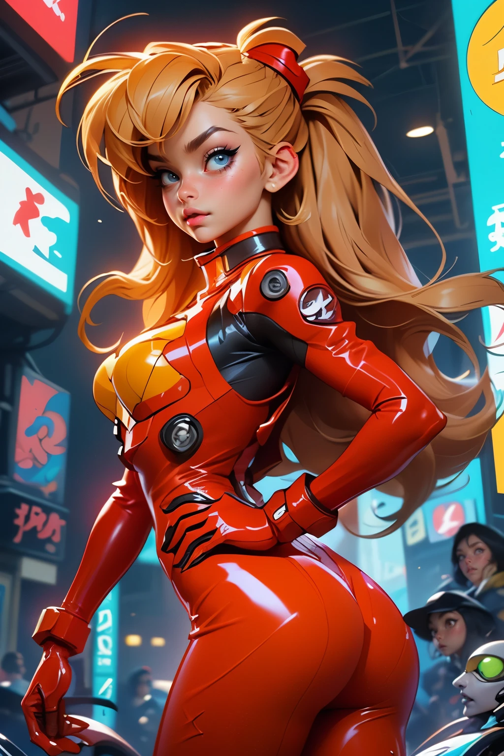 rear view, backside view,((The best quality, better resolution, Award-winning portrait, Official Art)), ((perfect masterpiece)), ((realist)) and ultra detailed photography of a nerdy cyberpunk souryuu asuka langley girl with gothic and post apocalyptic colors.. She has ((long blonde hair)), Carry a (Harajuku inspired cyberpunk tech top) and a (Harajuku inspired cyberpunk tech clothing bottom:1.2) , ((the most beautiful and sexy aesthetic)), sexy, Super huge tits hugely giant, Cleavage showing, hot,(souryuu asuka langley latex bodysuit:1.4),Detailed eyes, detailed hands,
