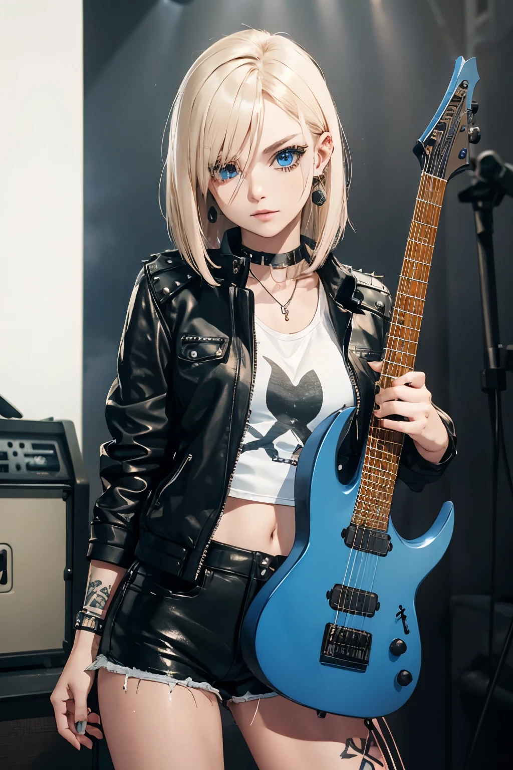 Realistic:1.2, Rocker girl in leather jacket,Slim figure、Normal bust size、 highly Realistic photograph, whole body、, １2 electric guitars, Spiked clothing,White tank top、Navel exposed、leather shorts、tattoo,Earrings Dark lipstick, blue eyes,Spiky blonde and partially shaved hair, Beautiful and perfect legs, Confident expression, Punk Style ,Dynamic pose, Dynamic Lighting, Bright colors, Aria Alexa 65, 50mm lens