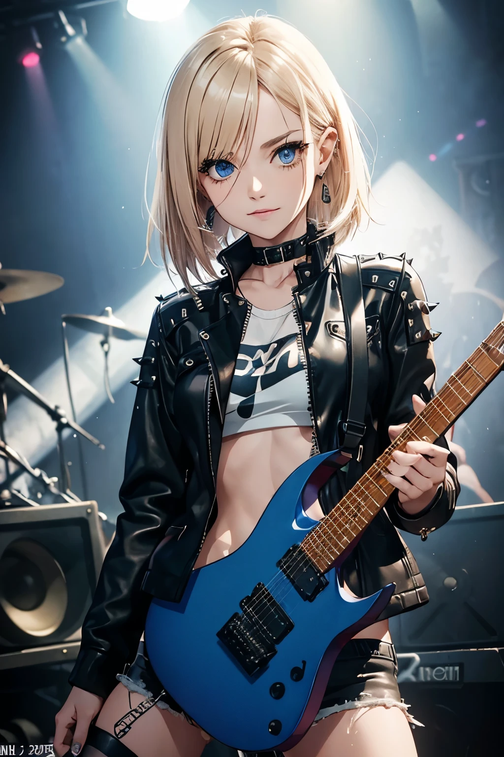 Realistic:1.2, Rocker girl in leather jacket,Slim figure、Normal bust size、 highly Realistic photograph, whole body、, 12 electric guitars, Spiked clothing,White tank top、Navel exposed、leather shorts、tattoo,Earrings Dark lipstick, blue eyes,Spiky blonde and partially shaved hair, Beautiful and perfect legs, Confident expression, Punk Style ,Dynamic pose, Dynamic Lighting, Bright colors, Aria Alexa 65, 50mm lens