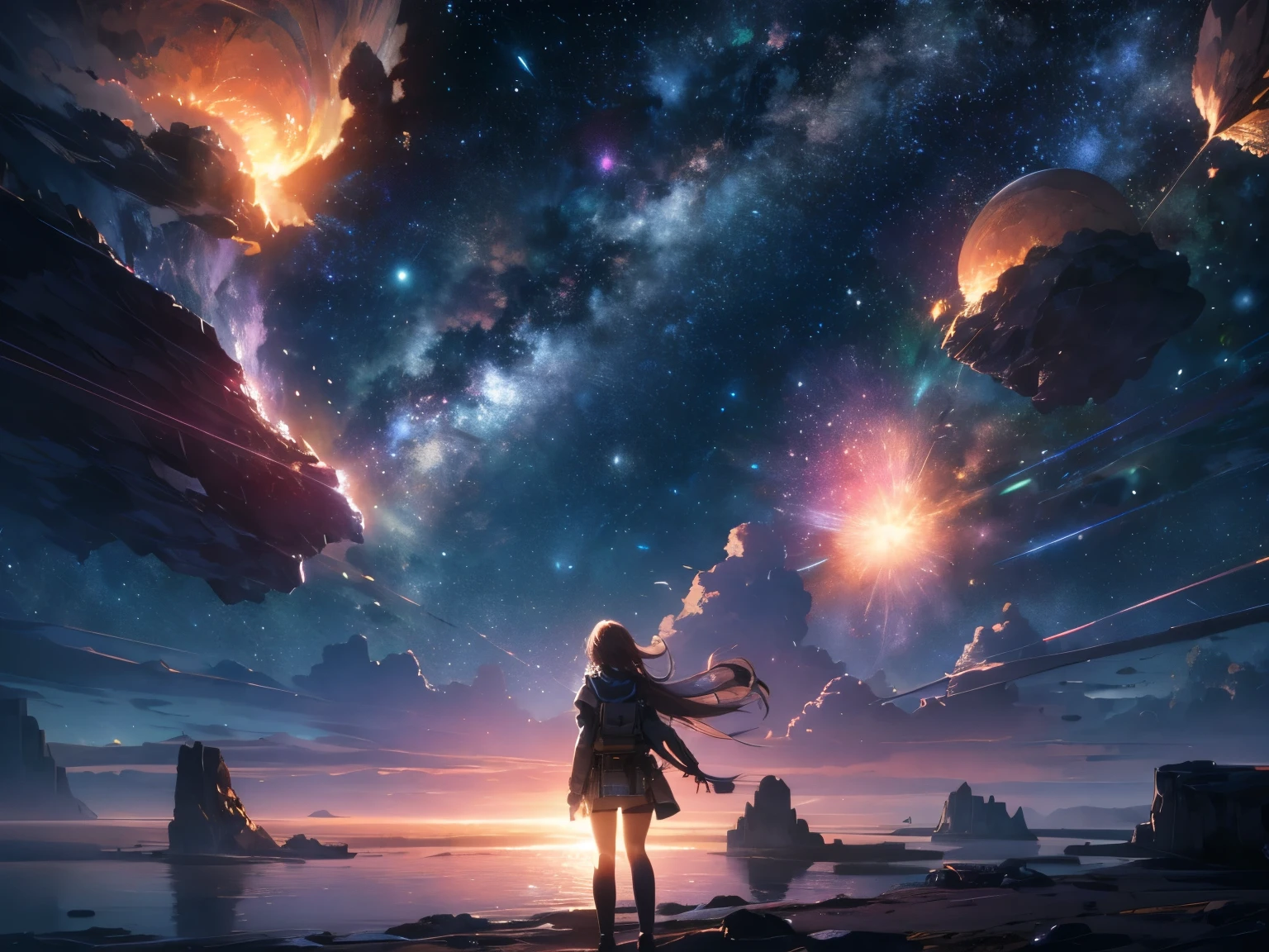 Drawing a young female programmer, Standing on a floating research platform in the middle of an asteroid belt, Turn your back on the viewer , From behind,surrounded by several asteroids glowing with fiery auras break Dramatic lighting from distant stars and planets illuminates the scene, Cast a deep shadow on the suit, Gaze with wonder and reverence at the vast and mysterious universe,break,detailed,Realistic,4K の非常にdetailedなデジタルアート,Octane Rendering, Bioluminescent, break 8K resolution concept art, realism,Mappa Studio,masterpiece,Highest quality,Official Art,figure,Clear lines,(nice_color),Perfect composition,Absurd, Fantasy,Concentration,Three-part method