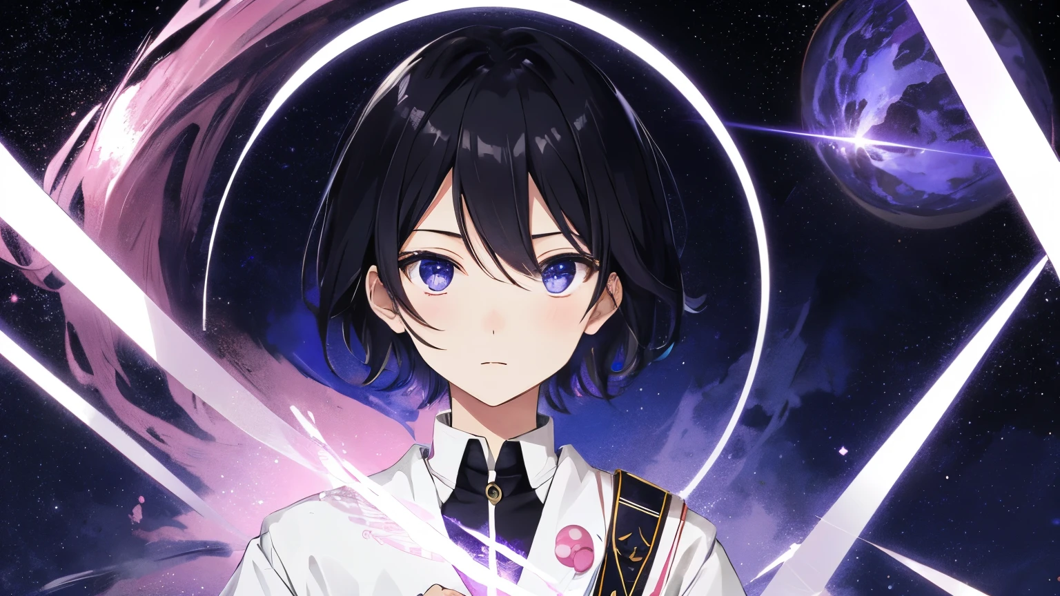 akihito, masterpiece, 1man, solo, pov, black hair, blue eyes, short hair, pink and purple energy, white pharmacist coat, standing, arabic face, face focus, limbo, space background, black hole