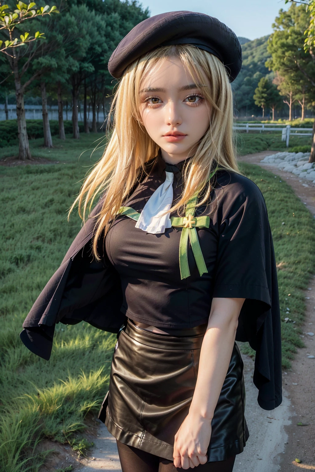 1 girl, best quality, ((Miyo)), tarankaaa, perfect face, beautiful smile, 30 years old, ((ascot,uniform, black skirt, cross, ribbon, gold blonde hair, emerald, beret, cape, pantyhose)), ((perfectly drawn hands)), perfect body, bare tree, bush, fog, forest, grass, nature, outdoors, plant, scenery, solo, standing, tree, 32k photograph, ((perfect eyes, detailed eyes,realistic eyes)), ((sharp face, detailed face, realistic face, natural skin, realistic skin, detailed skin, pores)), full body, tone mapping, asian-european, ((masterpiece)), ((highres)), ((detailed background)), japanese village background, night, big proportions,