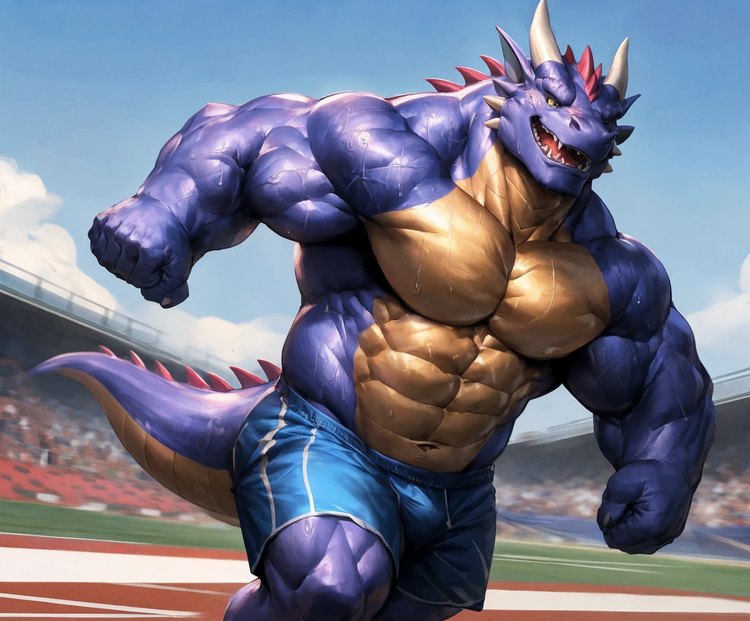 human nature, cannon, male, solitary, ((the strong，Handsome)), (dragon), Chibo，Six-pack abs，(Athletics，Track)，run，Blue shorts，Sweat:1.3，high quality, (4K,high quality, high resolution, masterpiece), cartoon,by lindong