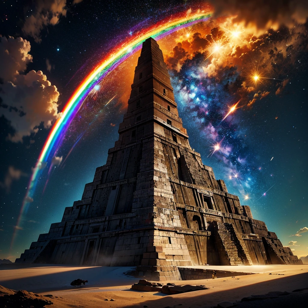 grand father commander, withba broom in the hand, Mayan calendar, Mayan pyramid with a galactic rainbow. HD