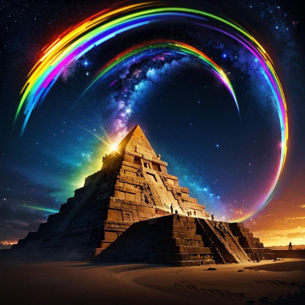 grand father commander, withba broom in the hand, Mayan calendar, Mayan pyramid with a galactic rainbow. HD