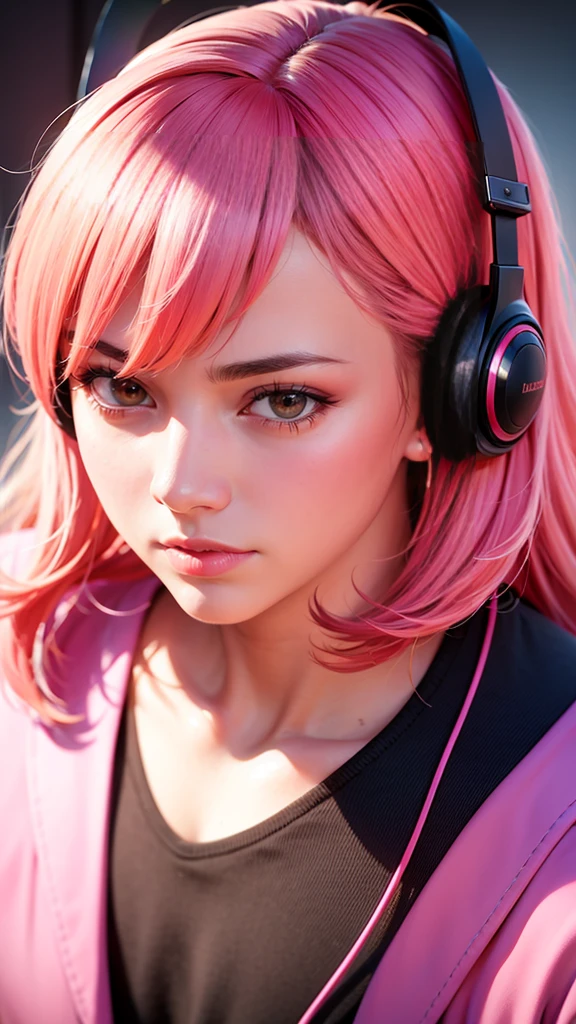 (8k, RAW photo, photorealistic:1.25), best quality, ultra highres, depth of field, chromatic aberration, caustics, Broad lighting, natural shading, ultra detailed texture, hyper realistic, detailed texture, detailed face, detailed skin, detailed hair, real hair, detail eyes, cinematic background, a close up of a man with pink hair and a colorful outfit, earrings in ears, headphone, a man with a pink jacket and a drum in his hand