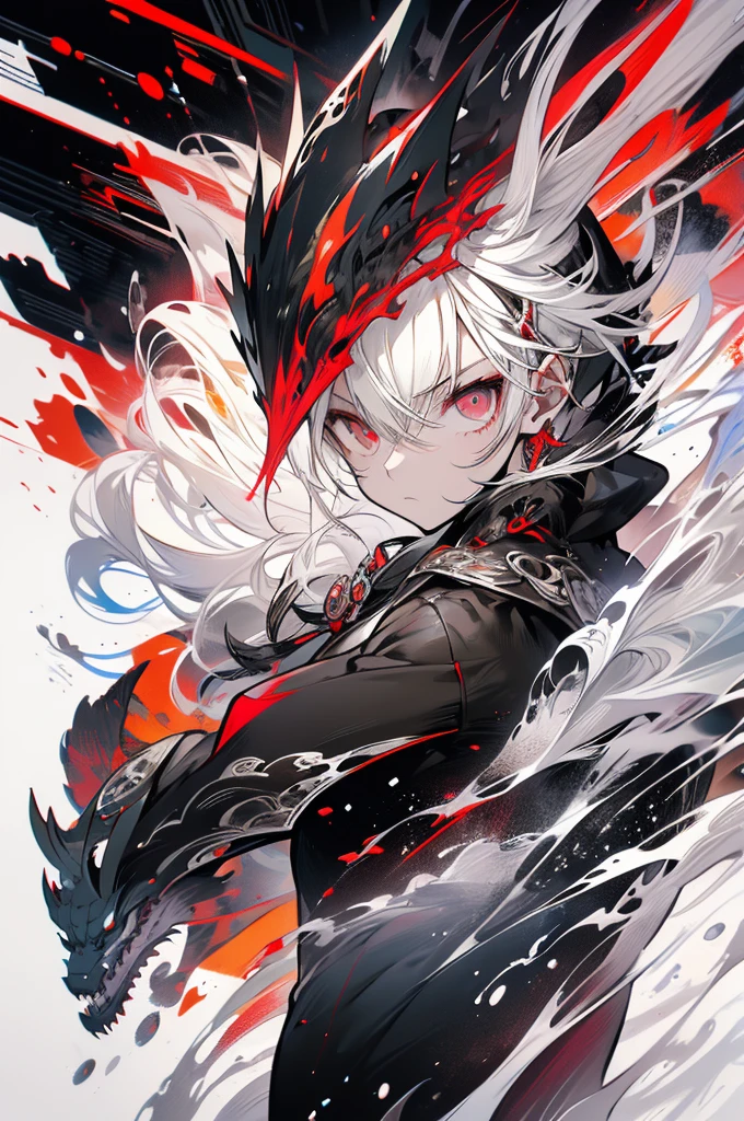 A young man with short white hair, red eyes, masculine face. Wearing a black hoodie with gray details. He is standing, looking to the side. On a center of a city. Dungeons and Dragons art direction, studio ghibli Style